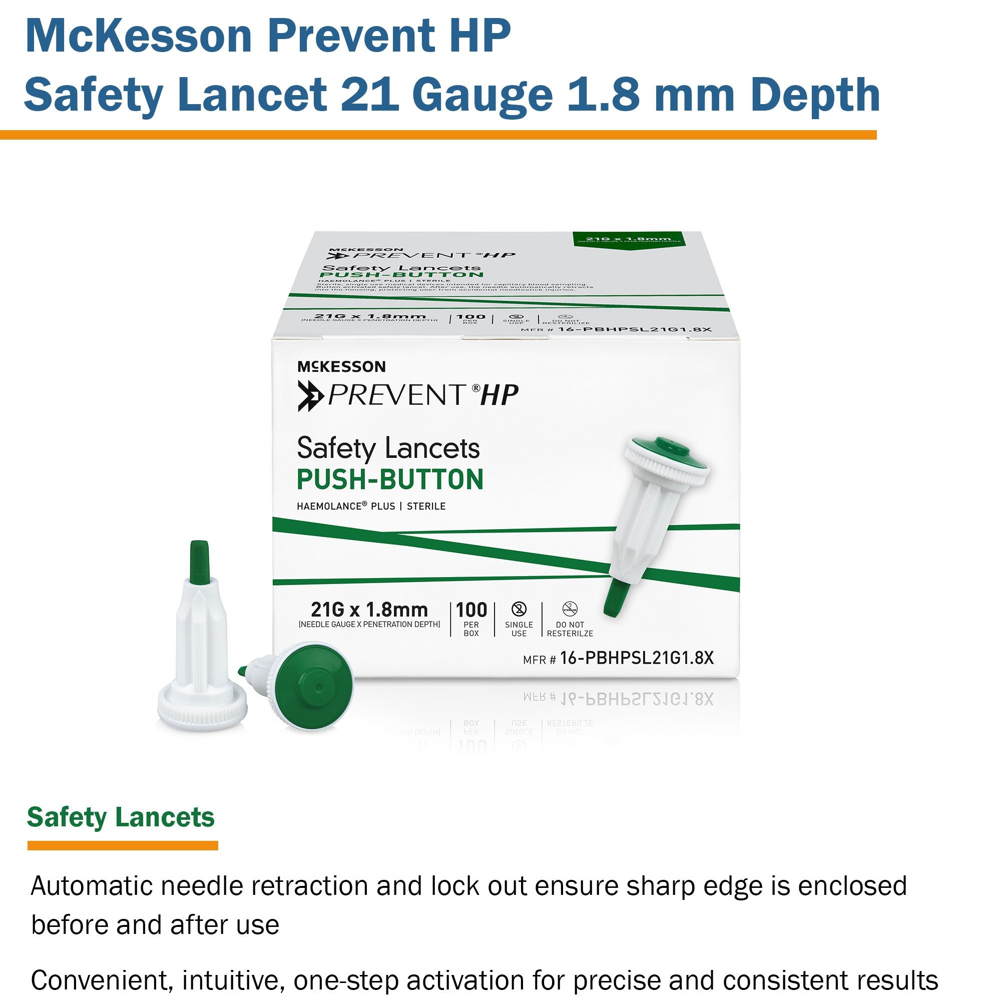 McKesson Prevent® HP Push Button Safety Lancet, 21 Guage