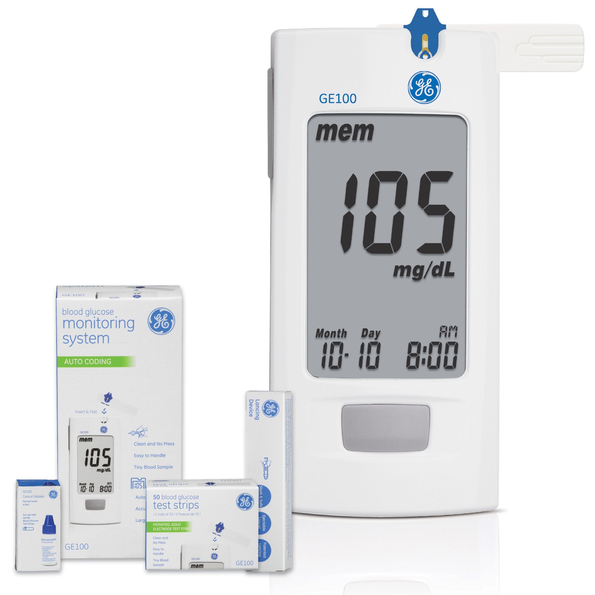 Blood Glucose Meter Kit GE100 5 Seconds 500 Memory Storage No Coding Required