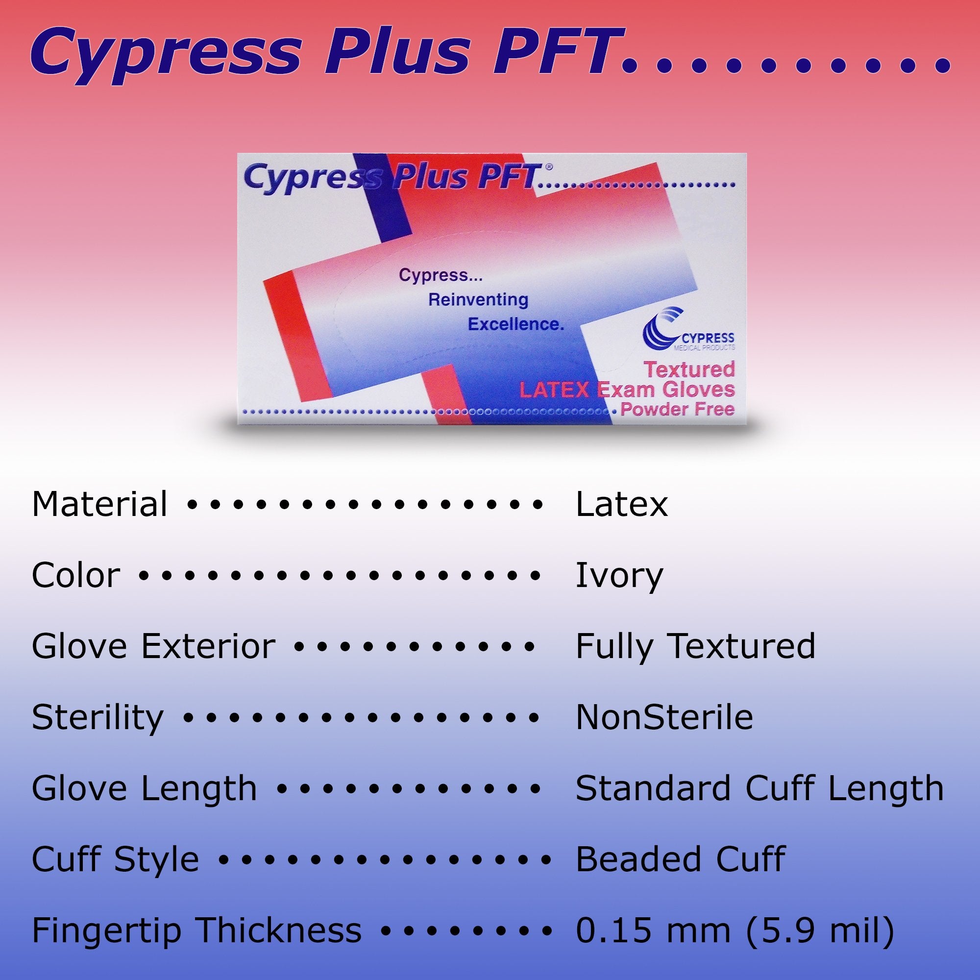 Cypress Plus® PFT Latex Standard Cuff Length Exam Glove, Small, Ivory