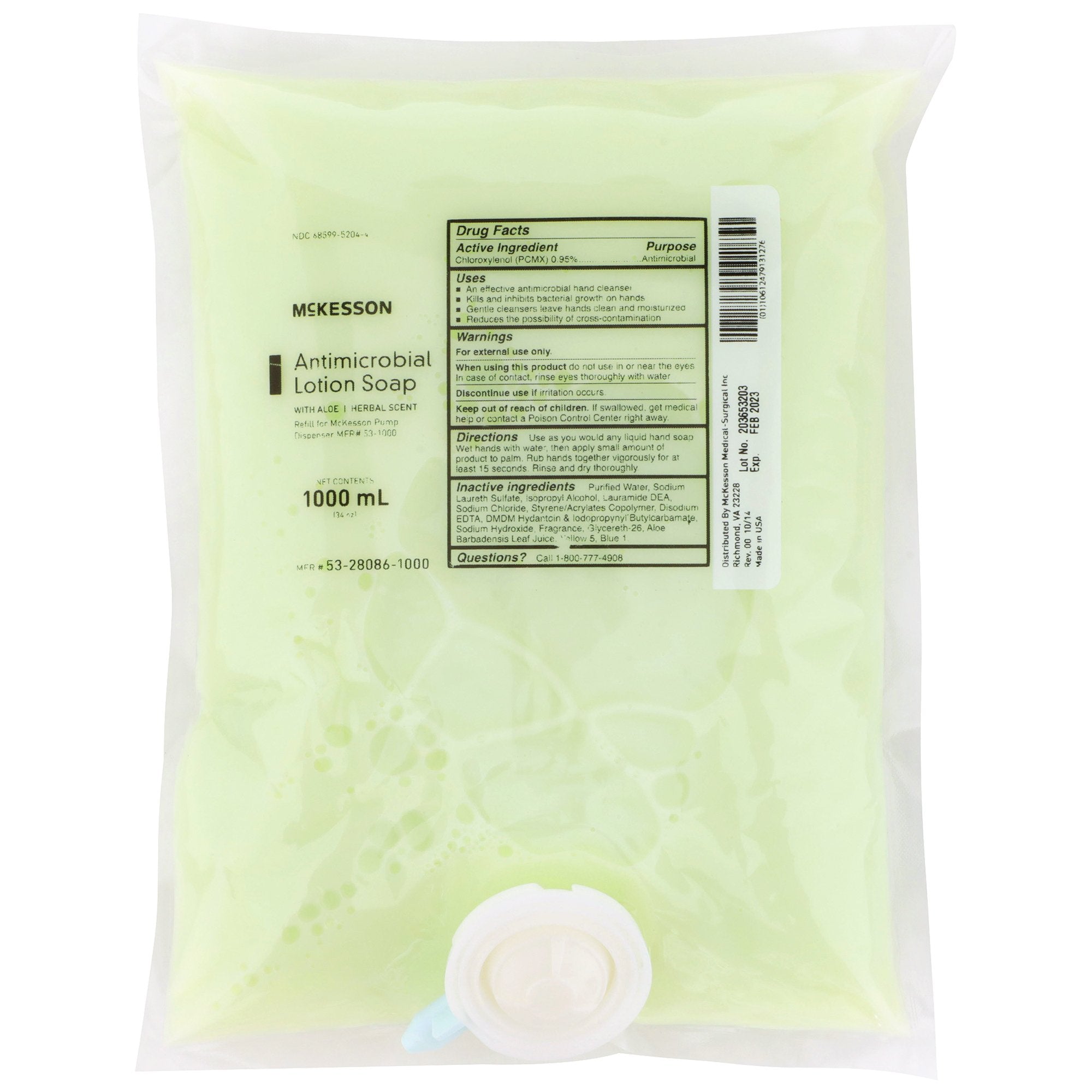 McKesson Antimicrobial Lotion Soap, Herbal Scent, With Aloe, 1,000 mL Refill Bag