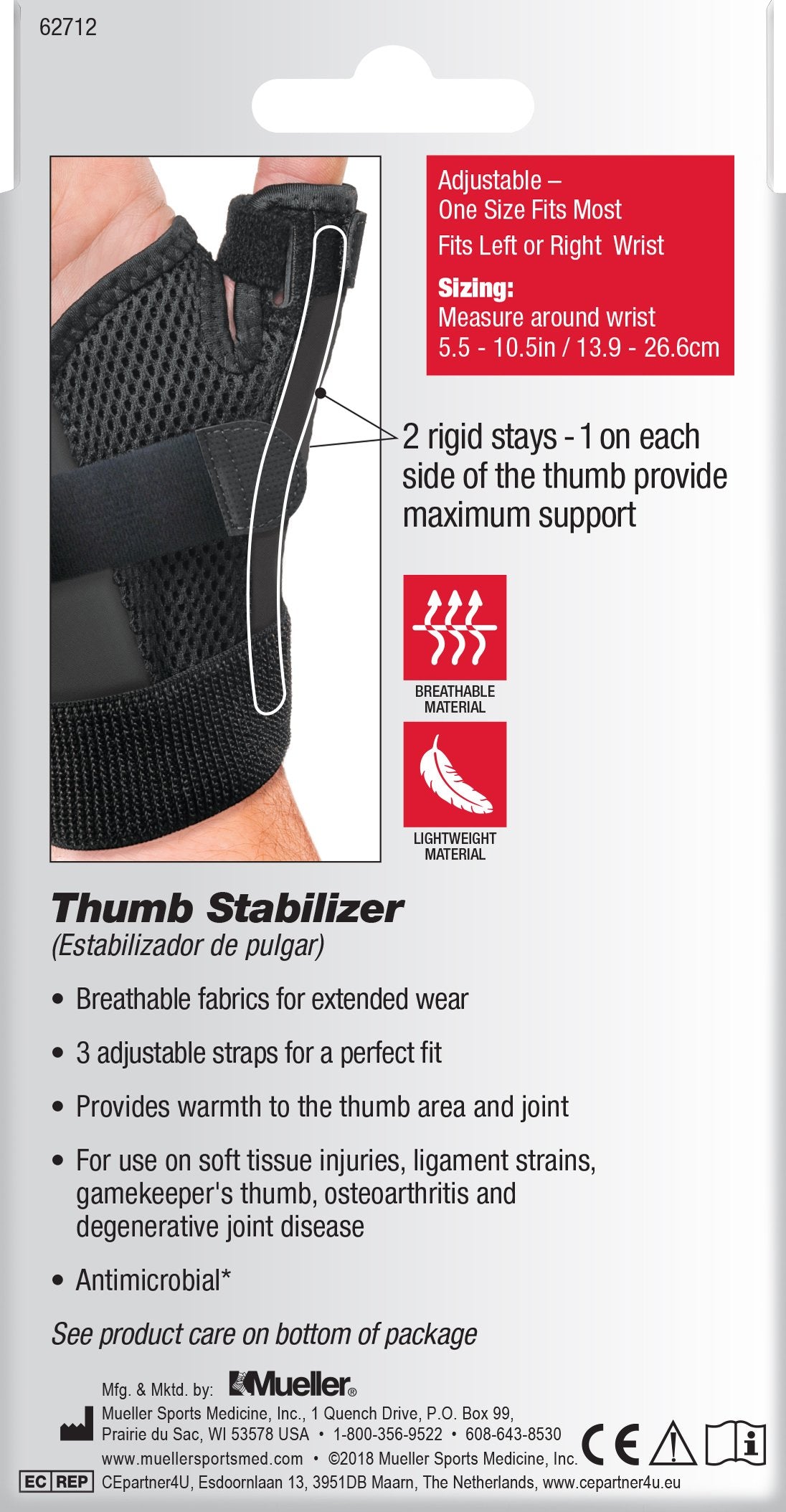 Thumb Stabilizer Mueller Sport Care® Adult One Size Fits Most D-Ring / Hook and Loop Strap Closure Left Hand Black