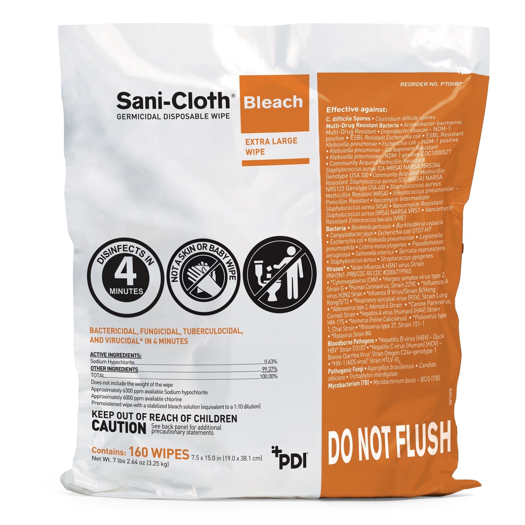 Sani-Cloth® Bleach Surface Disinfectant Cleaner Refill Premoistened Germicidal Manual Pull Wipe 160 Count Bag Chlorine Scent NonSterile