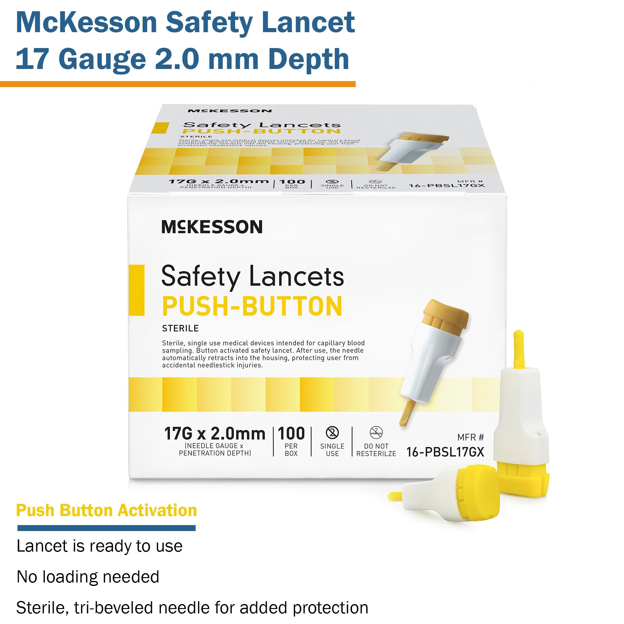 McKesson Push Button Safety Lancet, 17G x 2.0mm