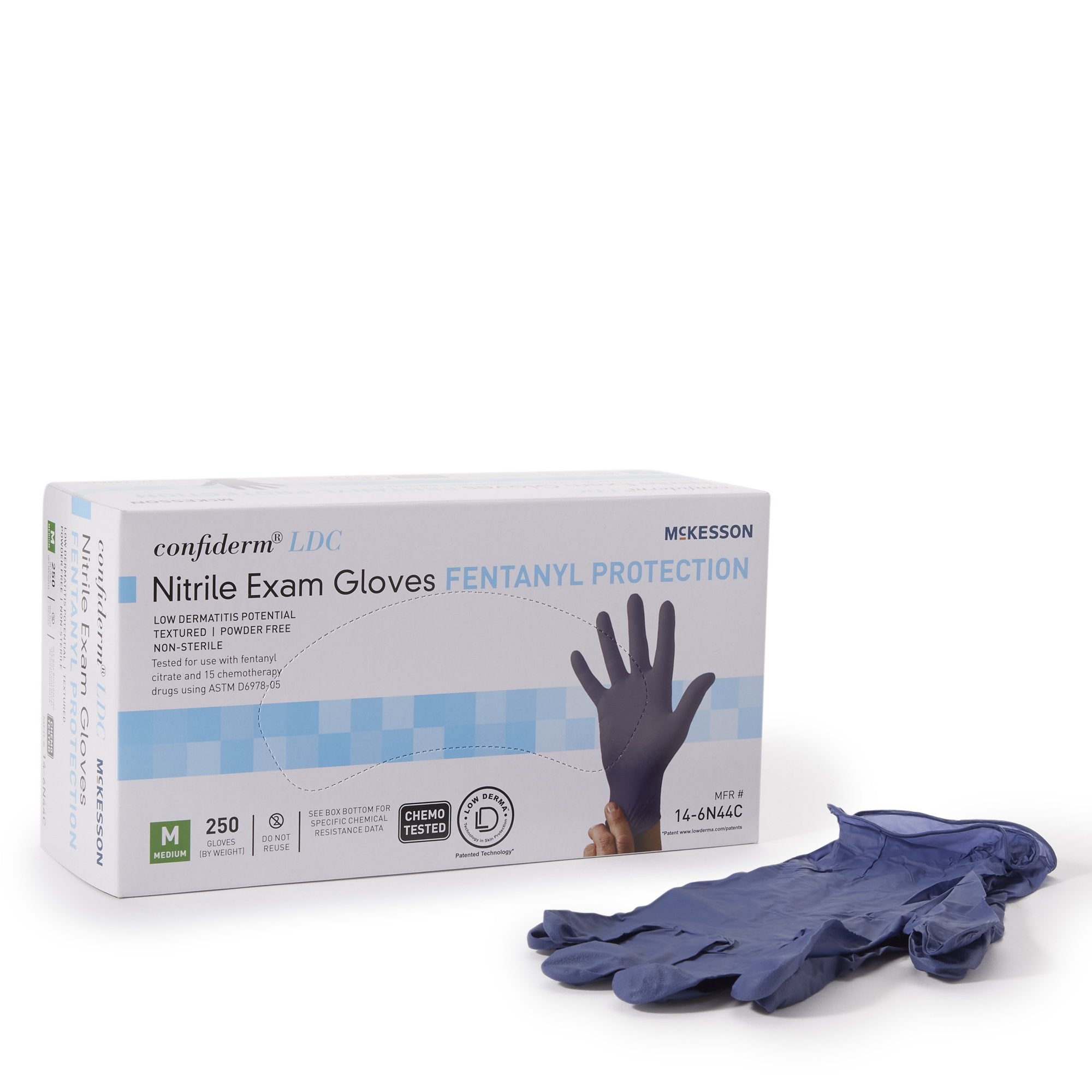 Exam Glove McKesson Confiderm® LDC Medium NonSterile Nitrile Standard Cuff Length Fully Textured Blue Chemo Tested / Fentanyl Tested