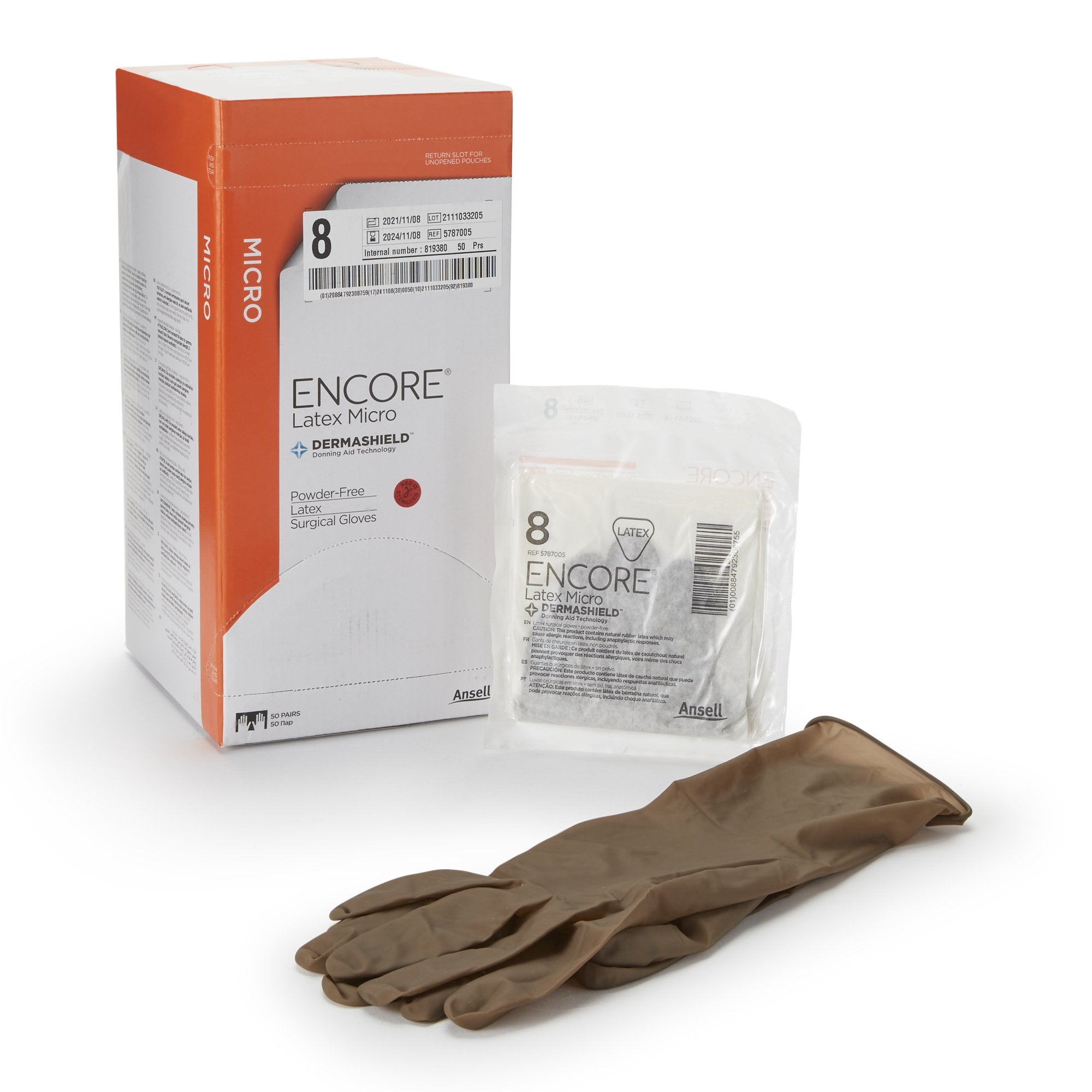 Encore® Latex Micro Surgical Glove, Size 8, Brown