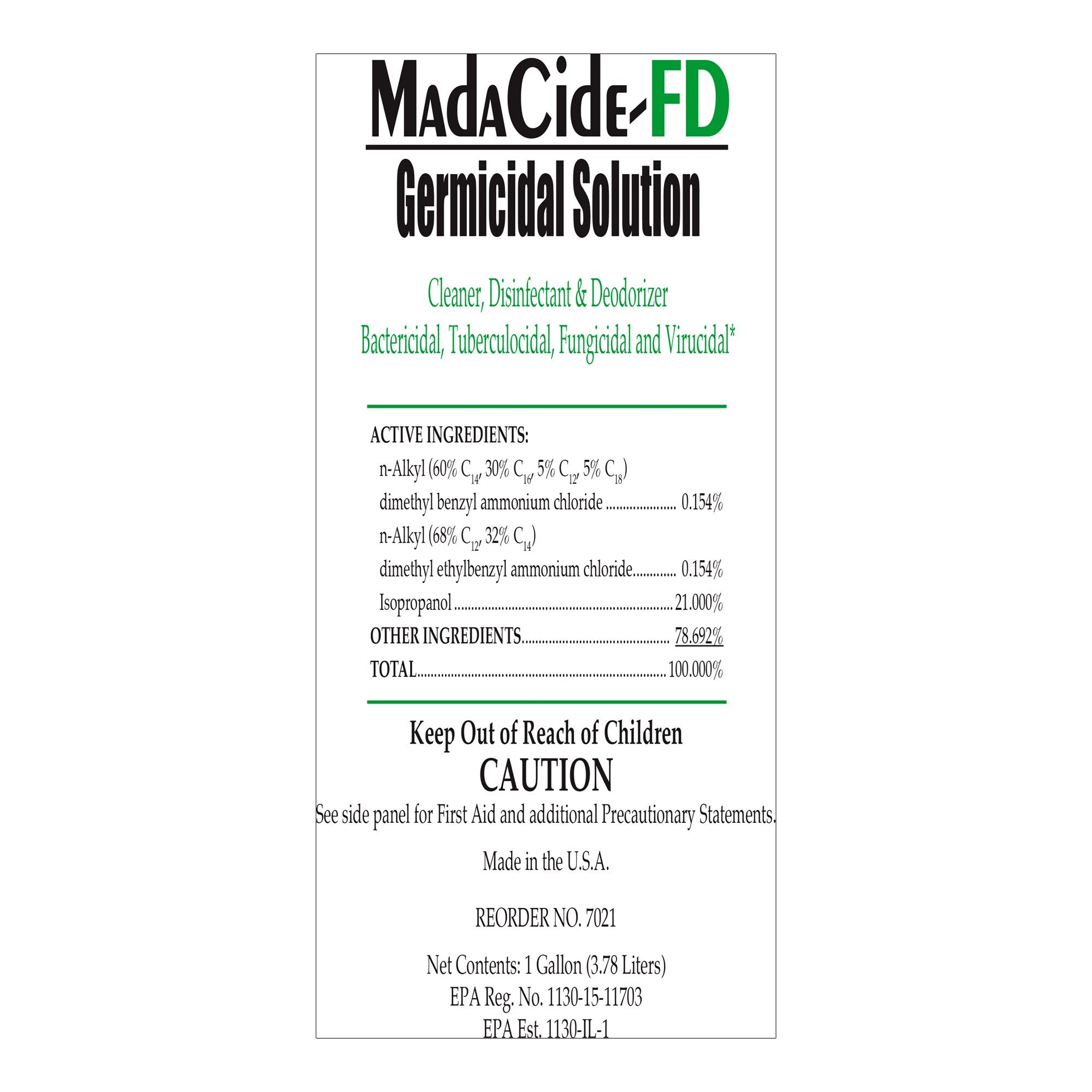 MadaCide-FD® Surface Disinfectant Cleaner Germicidal Manual Pour Liquid 1 gal. Jug Alcohol Scent NonSterile