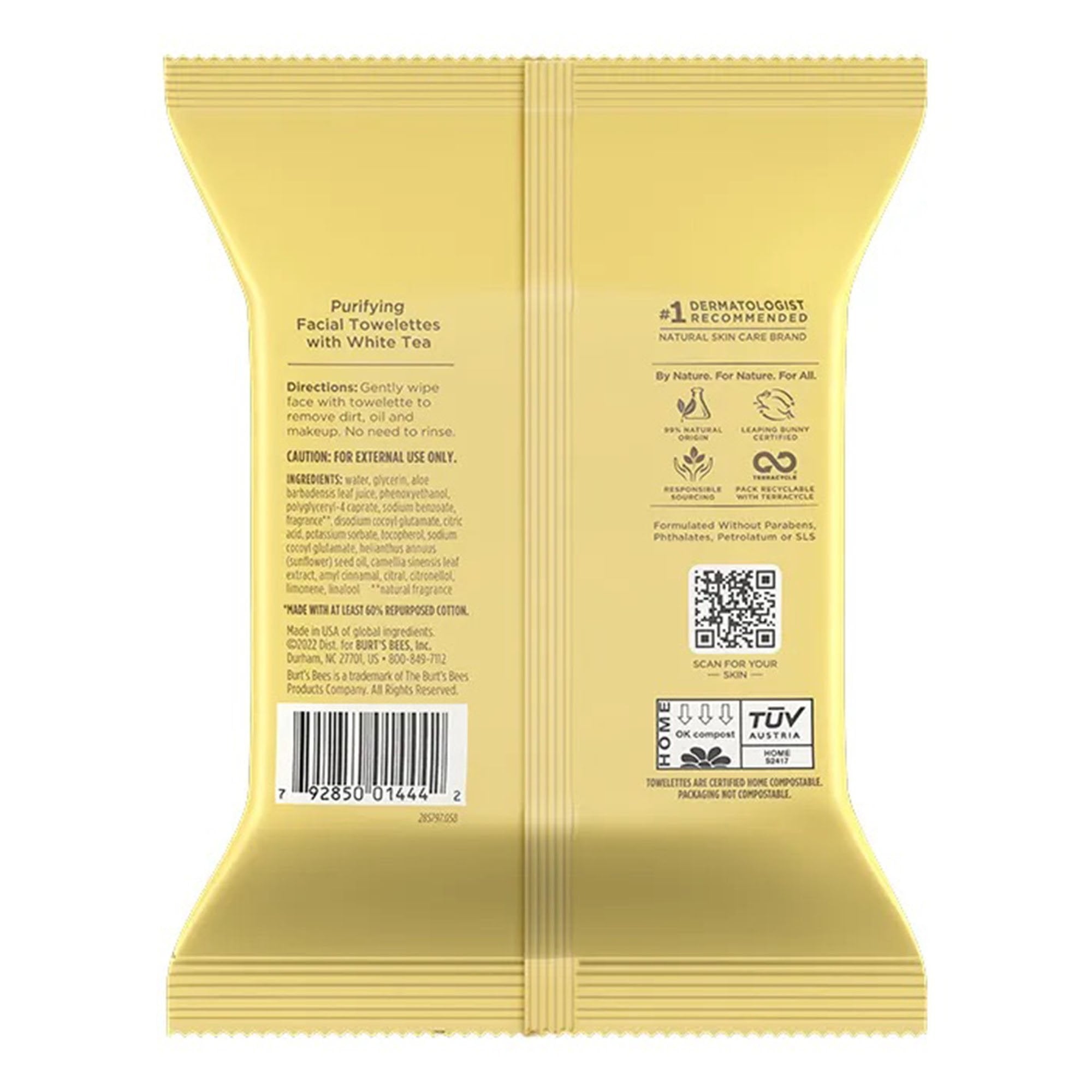 Facial Cleansing Towelette Burt's Bees® Purifying Soft Pack White Tea Scent 30 Count