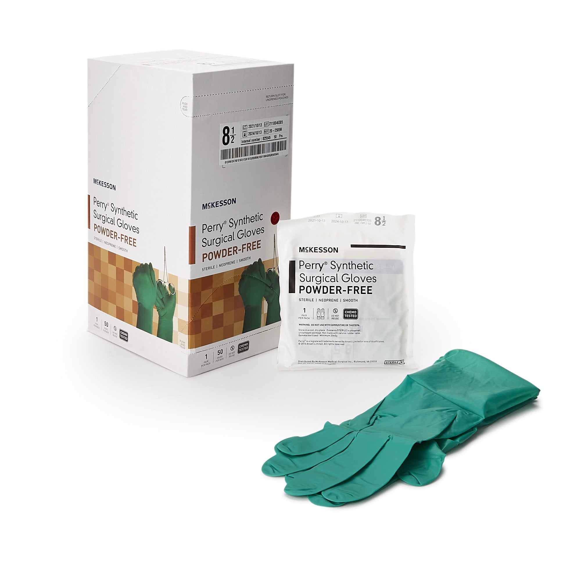 Surgical Glove McKesson Perry® Performance Plus Size 8.5 Sterile Polychloroprene Standard Cuff Length Smooth Dark Green Chemo Tested