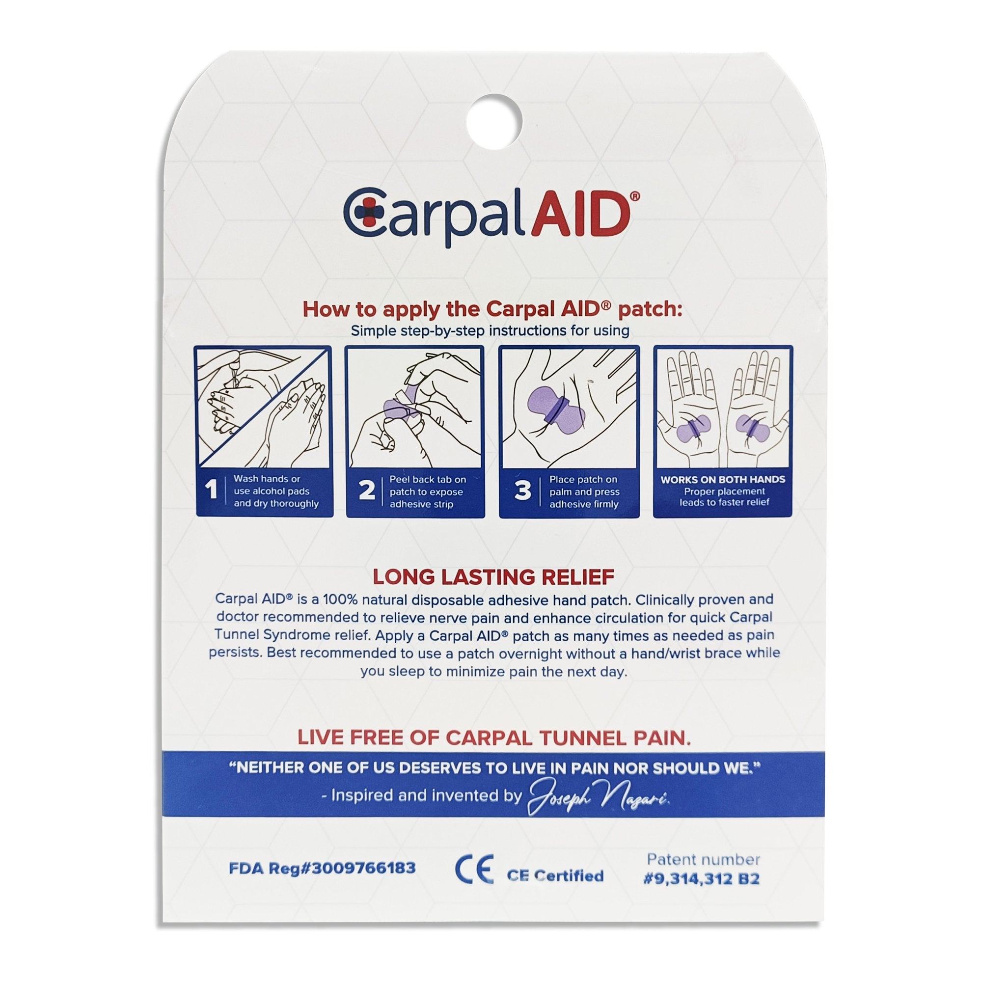 Hand-Based Carpal Tunnel Support Carpal AID® Patch Plastic Left or Right Hand Clear One Size Fits Most