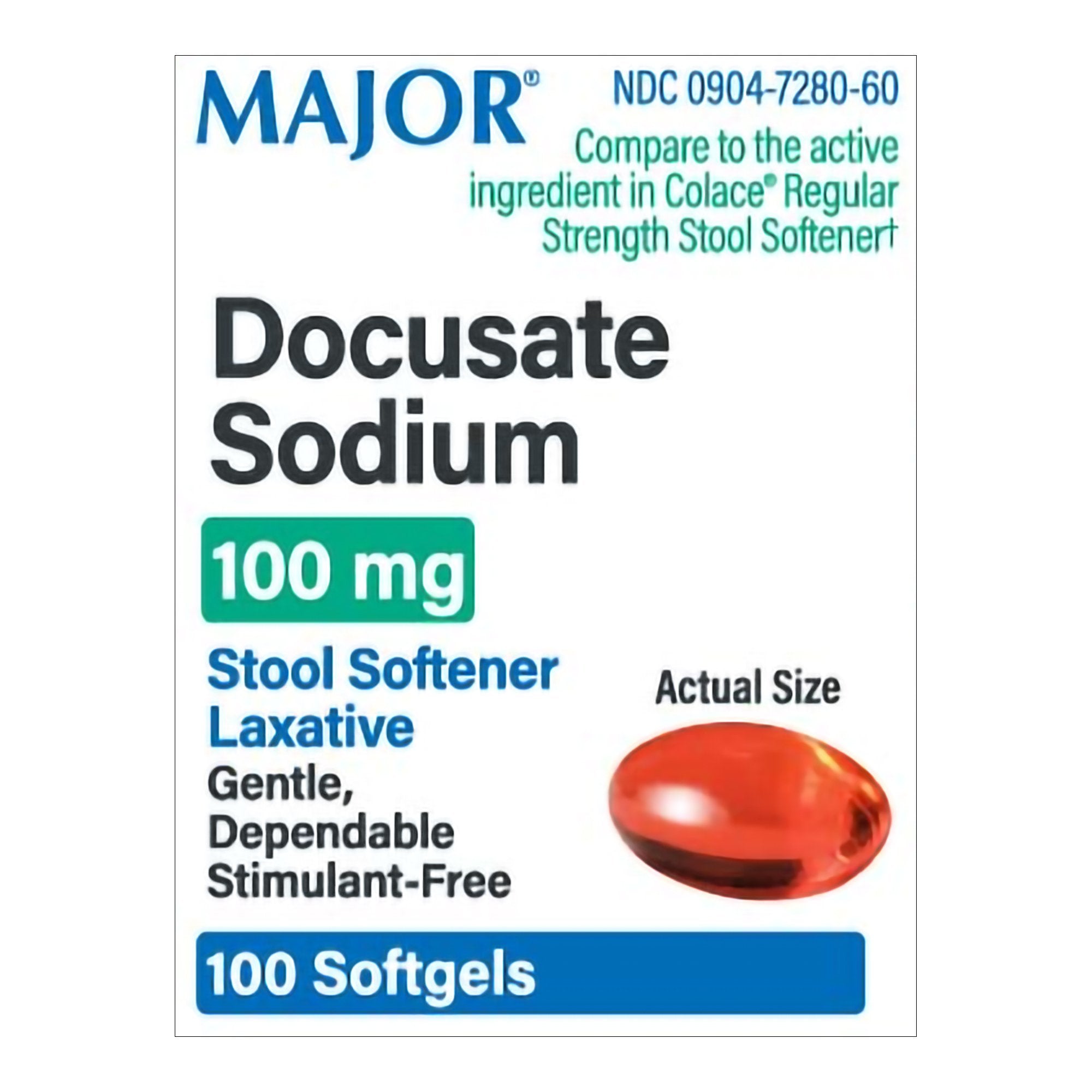 Stool Softener Major® Softgel 100 per Bottle 100 mg Strength Docusate Sodium