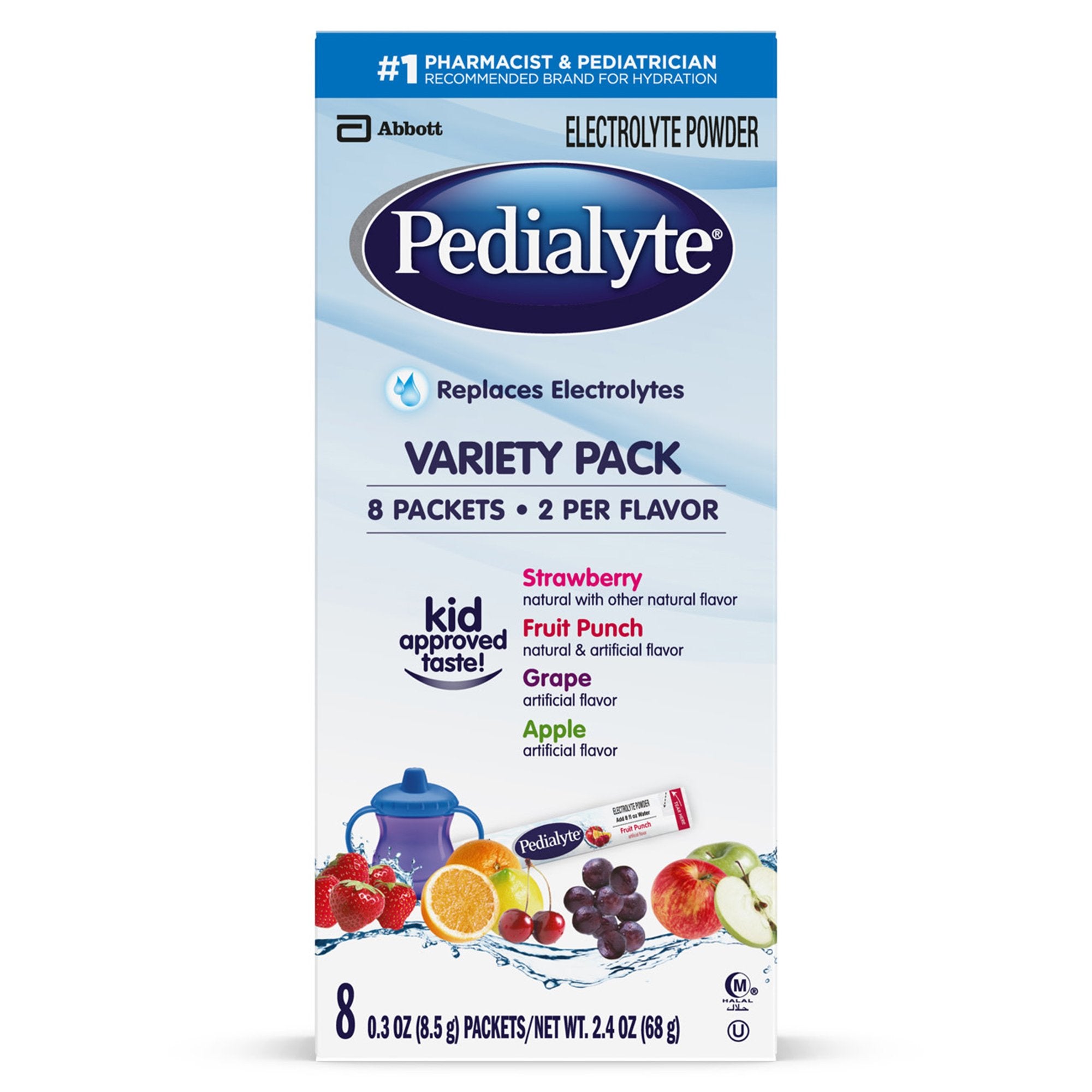 Oral Electrolyte Solution Pedialyte® Powder Packs Fruit Punch / Grape / Apple / Strawberry Flavor 0.3 oz. Electrolyte