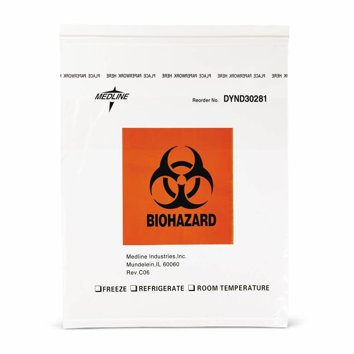 Specimen Transport Bag 12 X 15 Inch Zip Closure Biohazard Symbol / Storage Instructions NonSterile