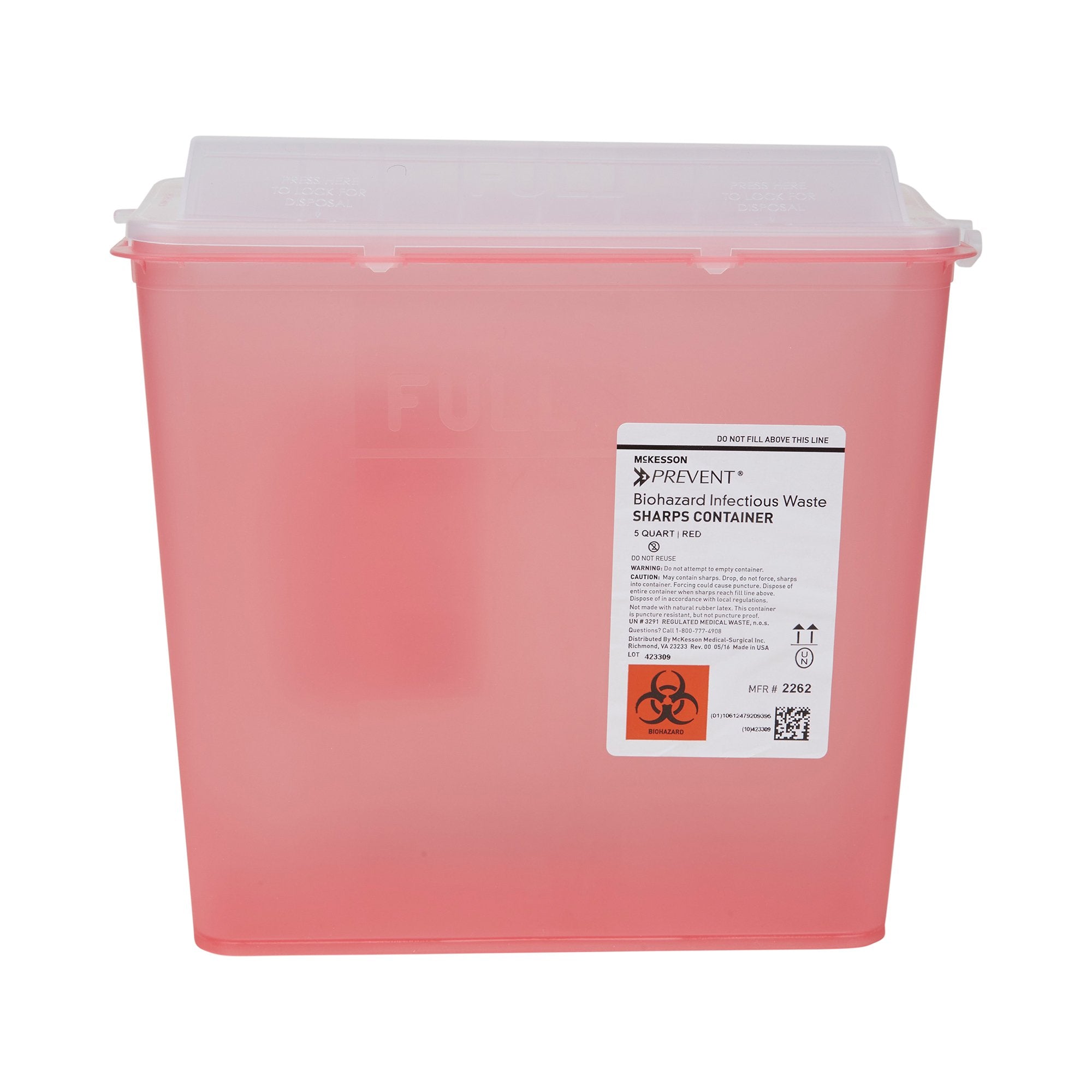 Sharps Container McKesson Prevent® Translucent Red Base 10-3/4 H X 10-1/2 W X 4-3/4 D Inch Horizontal Entry 1.25 Gallon