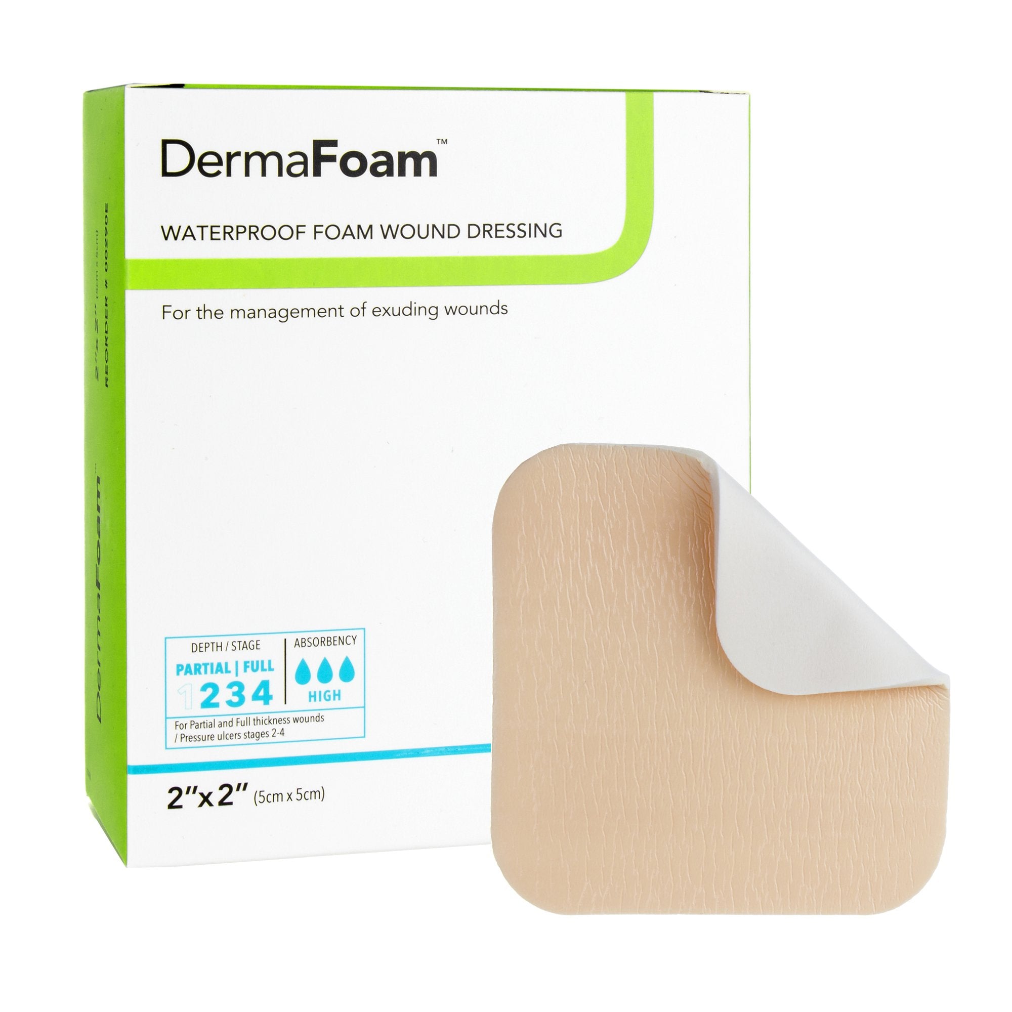 Foam Dressing DermaFoam® 2 X 2 Inch Without Border Waterproof Backing Nonadhesive Square Sterile