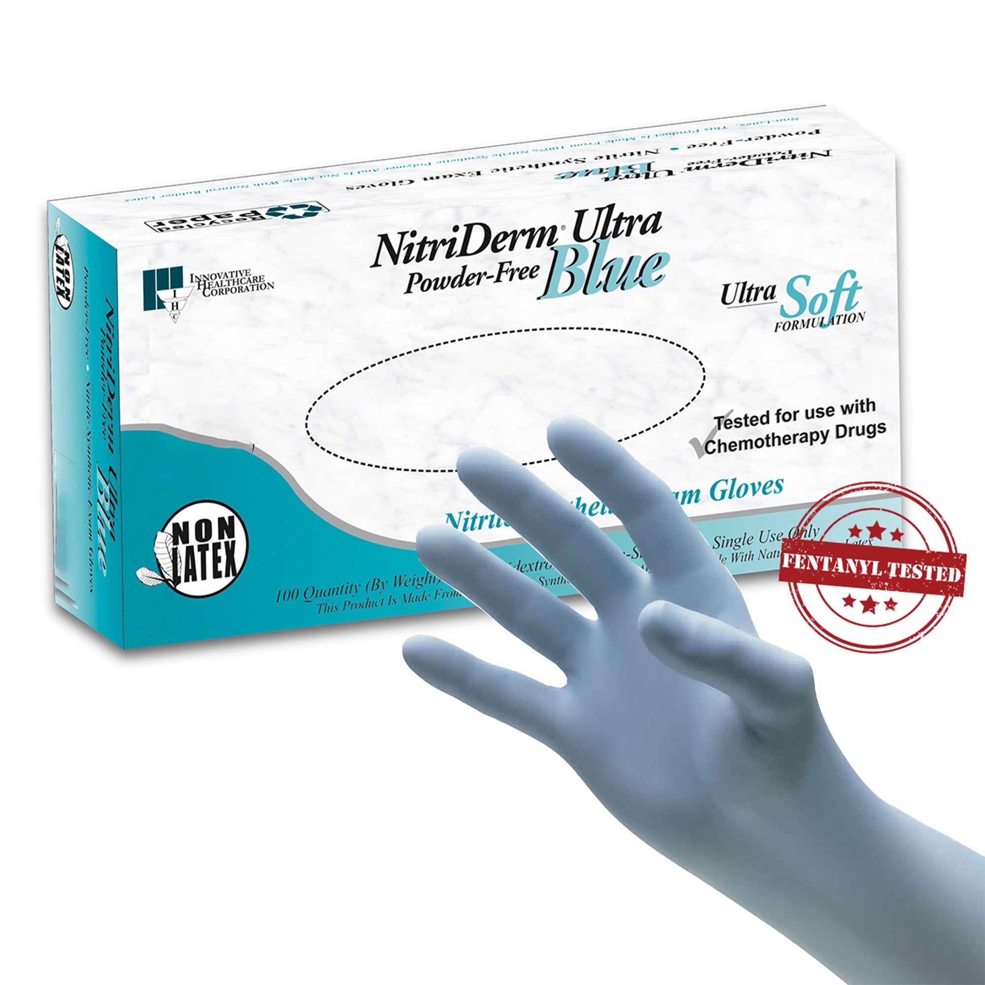 Exam Glove NitriDerm® Ultra Blue Medium NonSterile Nitrile Standard Cuff Length Fully Textured Light Blue Chemo Tested / Fentanyl Tested