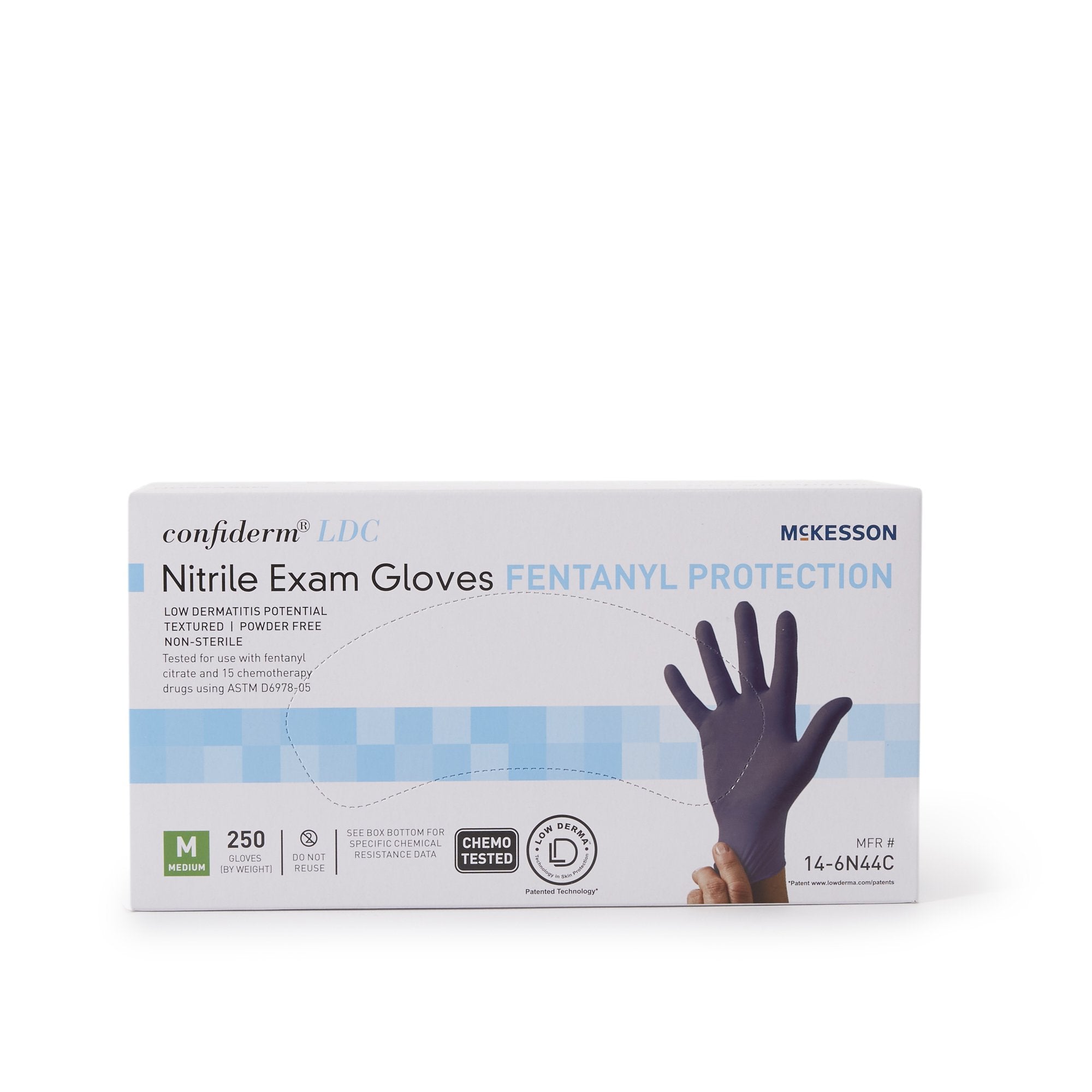 Exam Glove McKesson Confiderm® LDC Medium NonSterile Nitrile Standard Cuff Length Fully Textured Blue Chemo Tested / Fentanyl Tested