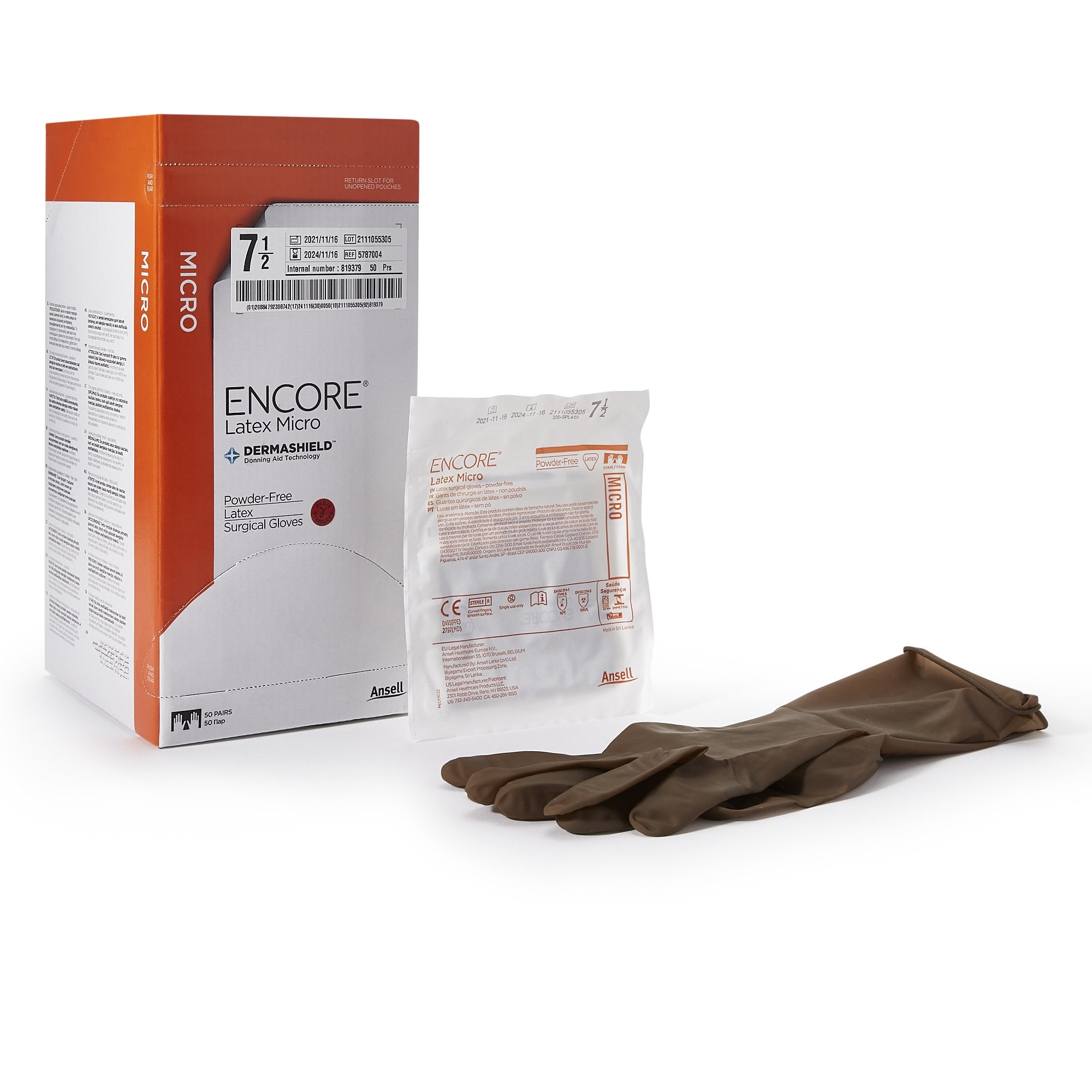 Encore® Latex Micro Surgical Glove, Size 7.5, Brown