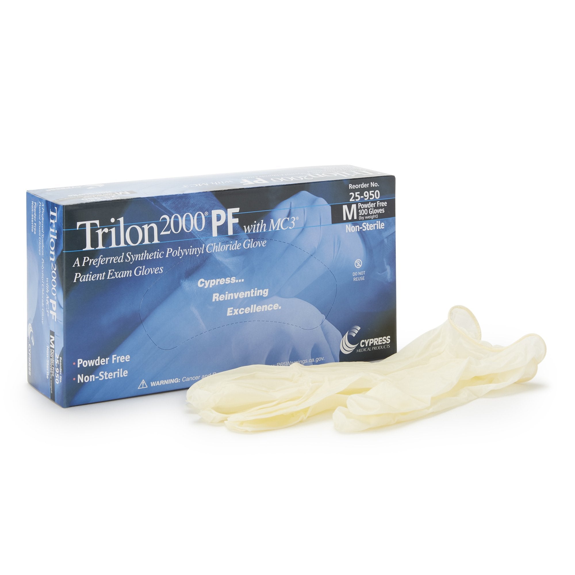 Trilon 2000® PF with MC3® Stretch Vinyl Standard Cuff Length Exam Glove, Medium, Ivory