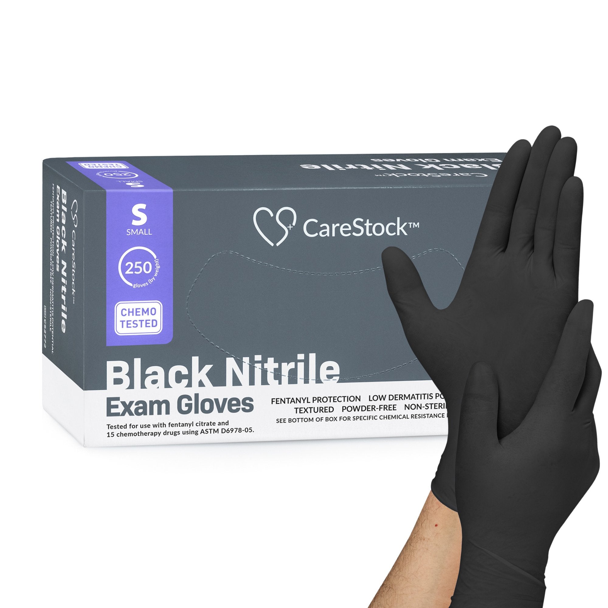 Exam Glove CareStock™ Small NonSterile Nitrile Standard Cuff Length Fully Textured Black Not Rated