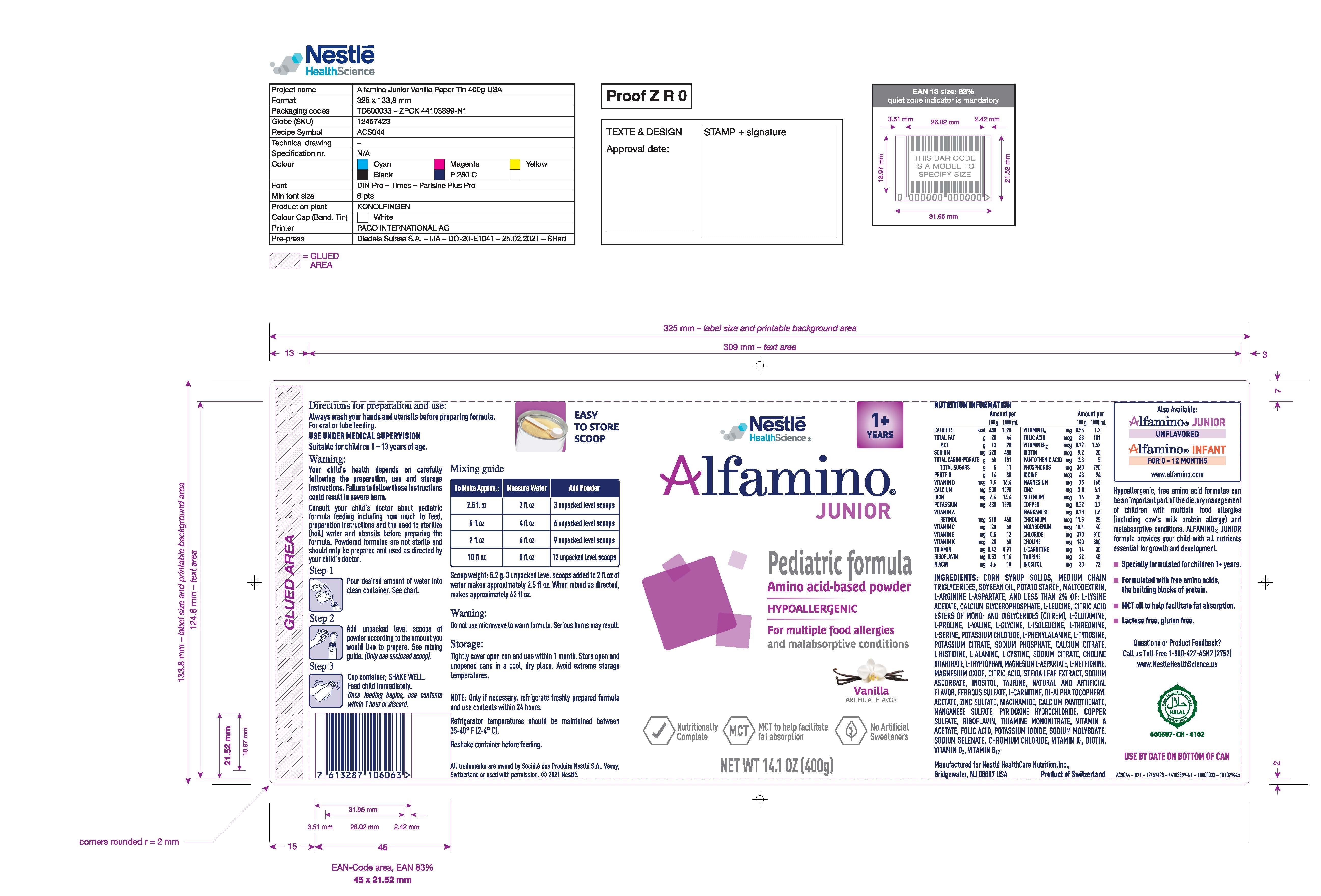 Alfamino® Junior Vanilla Amino Acid Based Pediatric Oral Supplement / Tube Feeding Formula, 14.1 oz. Can Powder