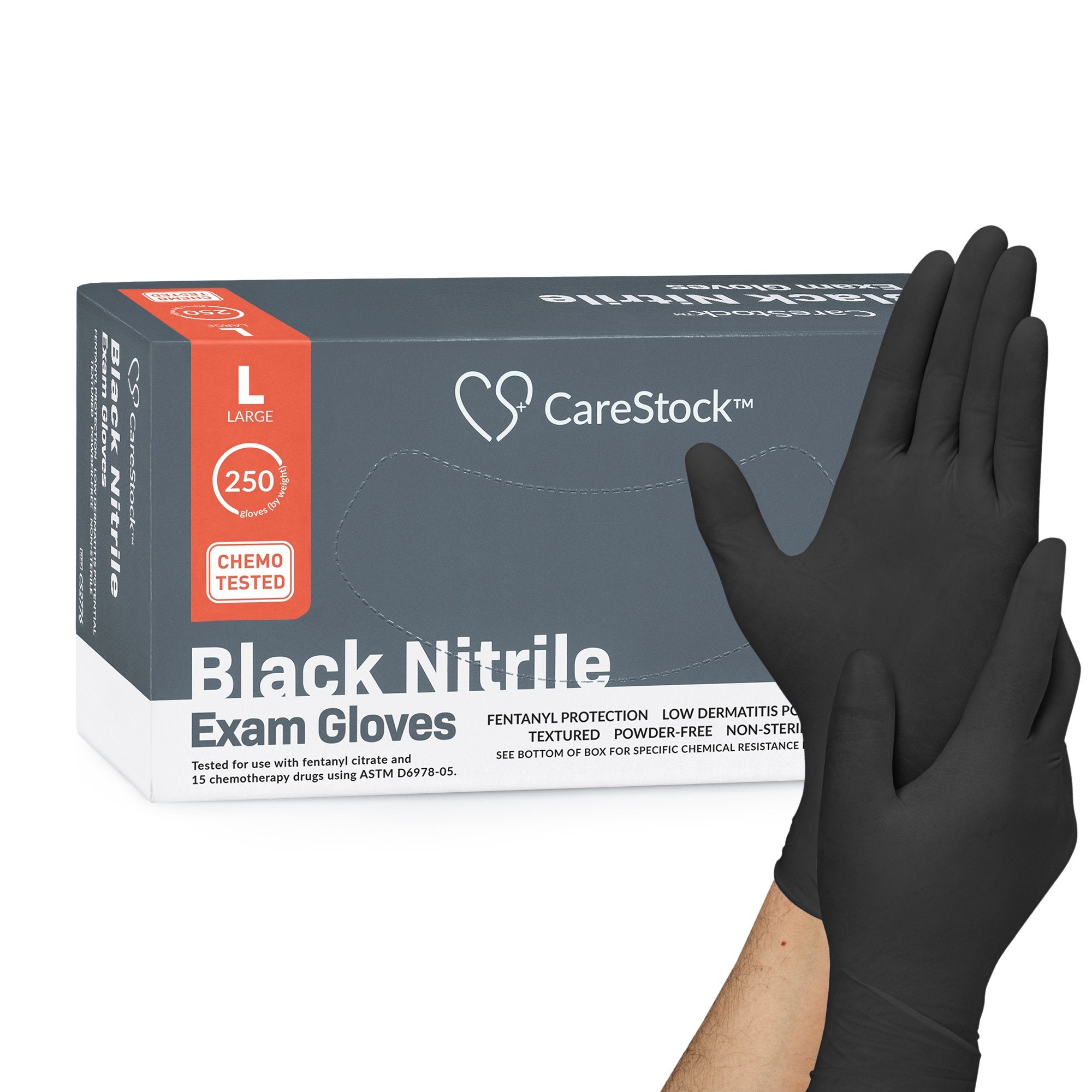 Exam Glove CareStock™ Large NonSterile Nitrile Standard Cuff Length Fully Textured Black Not Rated