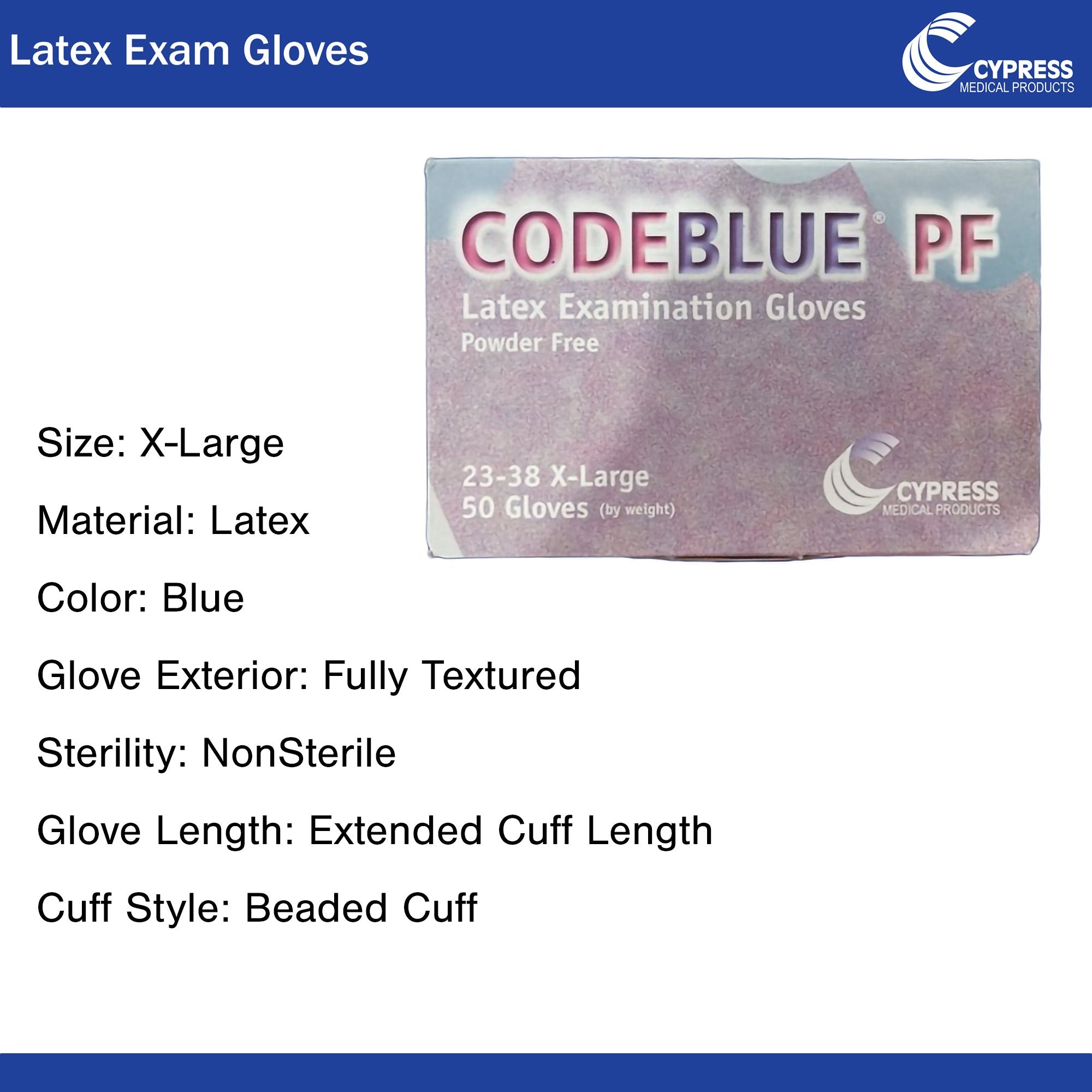 CodeBlue® PF Latex Extended Cuff Length Exam Glove, Extra Large, Blue