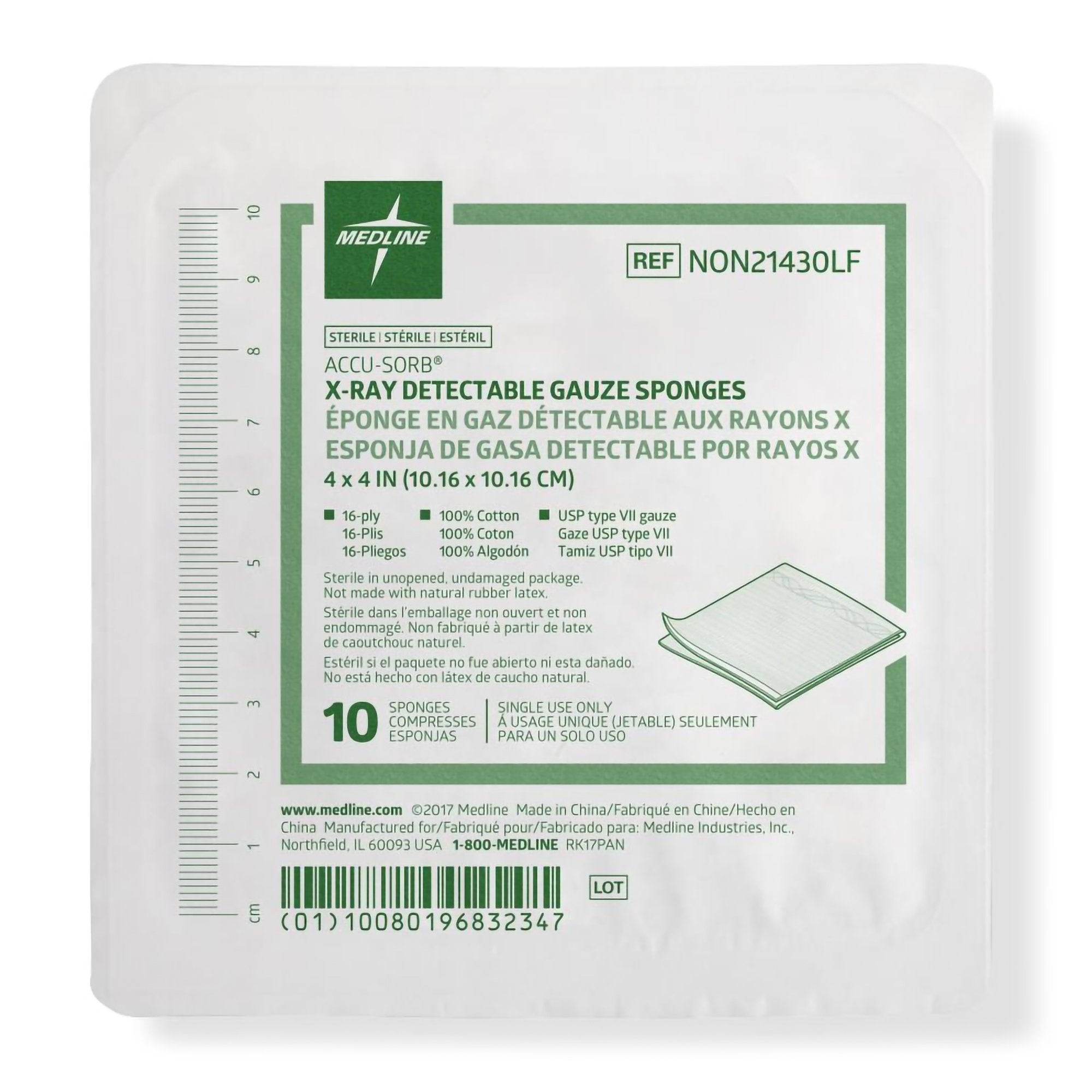 Gauze Sponge X-Ray Detectable Accu-Sorb® s/b Medline 4 X 4 Inch 16-Ply Square Sterile 10 per Tray