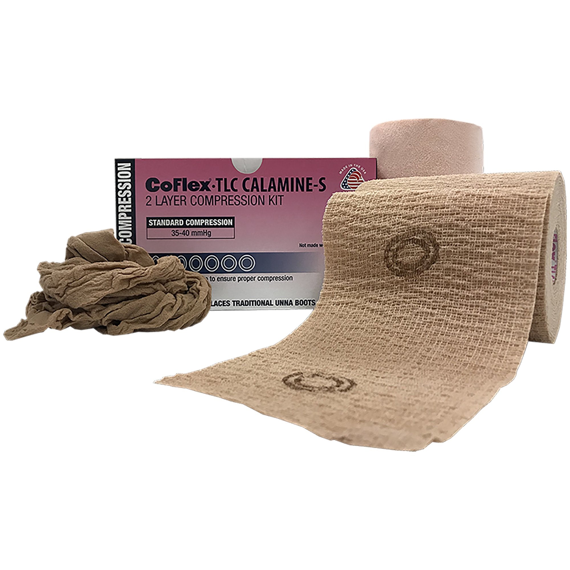 CoFlex® TLC Calamine with Indicators Self-adherent / Pull On Closure 2 Layer Compression Bandage System, 4 Inch x 6 Yard / 4 Inch x 7 Yard