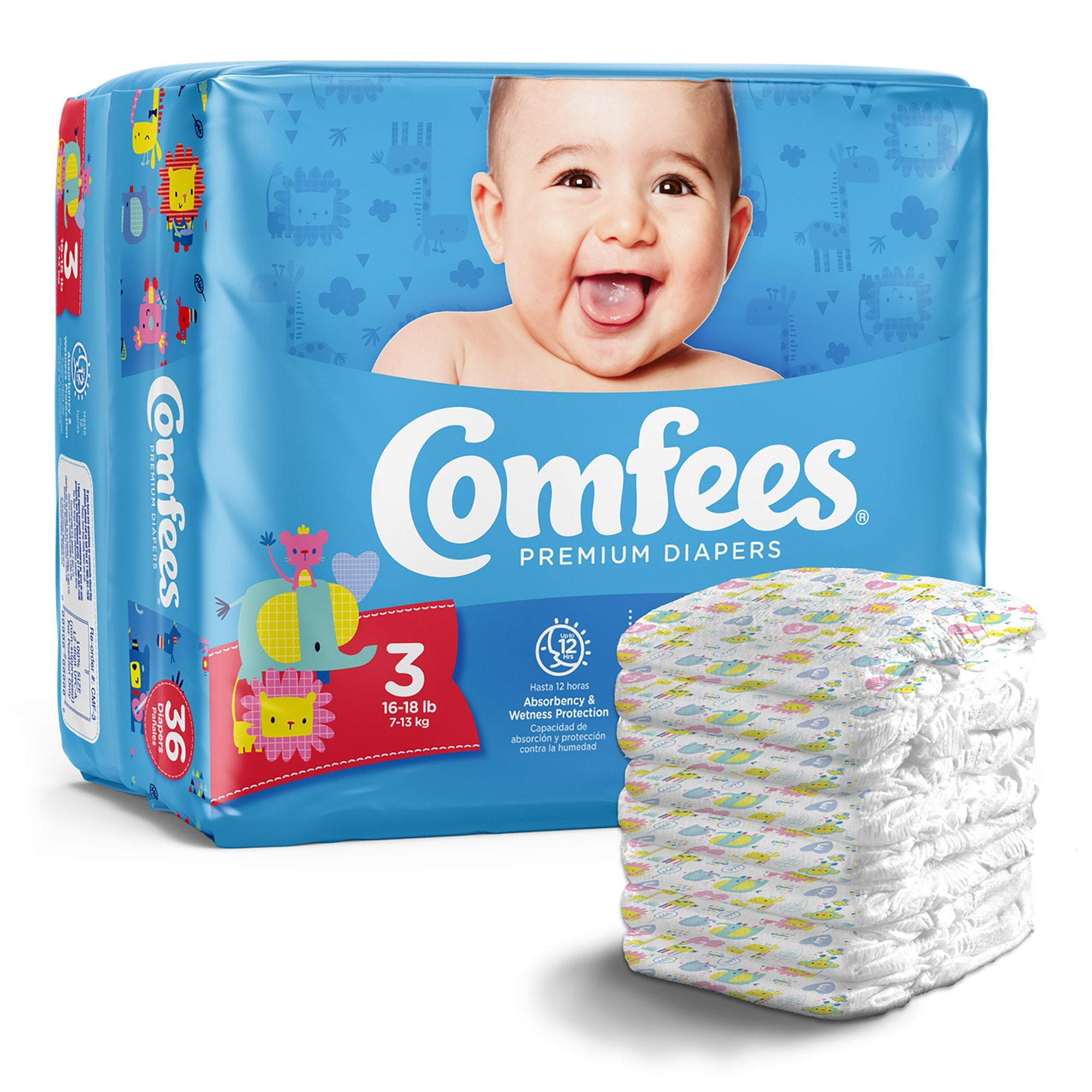 Attends Comfees Premium Diapers, Unisex, Baby, Tab Closure, Size 3